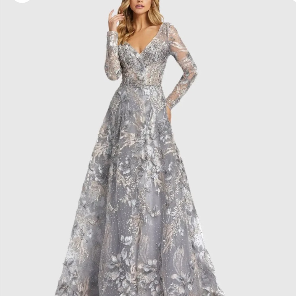 Mac Duggal Silver Long Sleeve Gown with V-Neck